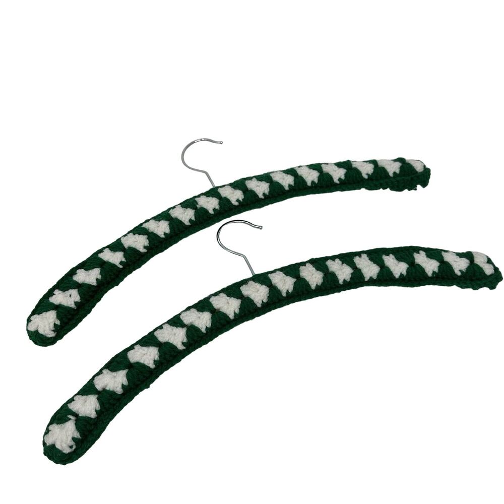 2 Vintage Handmade Crochet Clothes Hangers Yarn Covered Cottage Core Green White